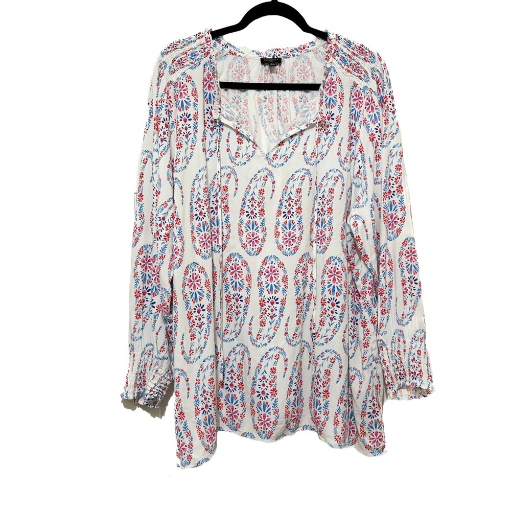 Talbots Blouse Floral Paisley Smocked Resortwear Coastal White Blue Plus Size 3X